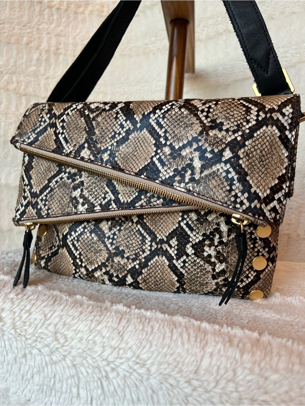 Hammit Dillon Snake-Print Foldover Crossbody Bag with Gold Hardware